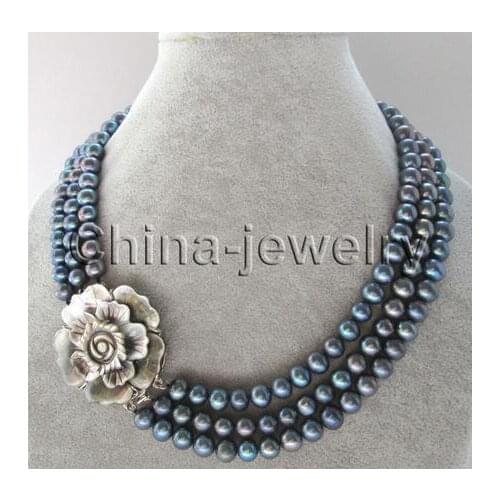 3row 17-19" 8-9mm natural black round freshwater pearl necklace - flower