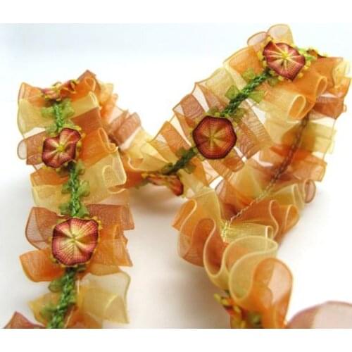 Pleated Trim|w Rococo Flower Trim|1 1/8 Inches Pleated Ombre Printed Chiffon Trim|Organza Chiffon Trim|Retro Handmade Supplies