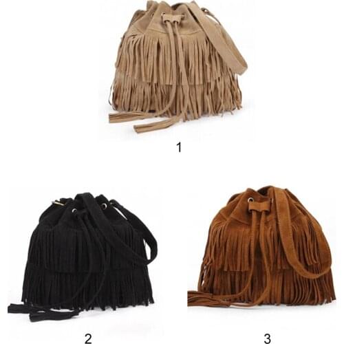 Retro Faux Suede Tassels Bag, Women Fringe Bucket Bag Drawstring Messenger Bag Handbag Shoulder Pouch Crossbody