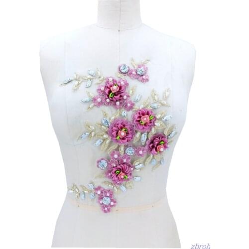 Handmade rose Hot drilling Rhinestone beaded lace embroidery patch applique wedding dress bordados DIY Performance clothing