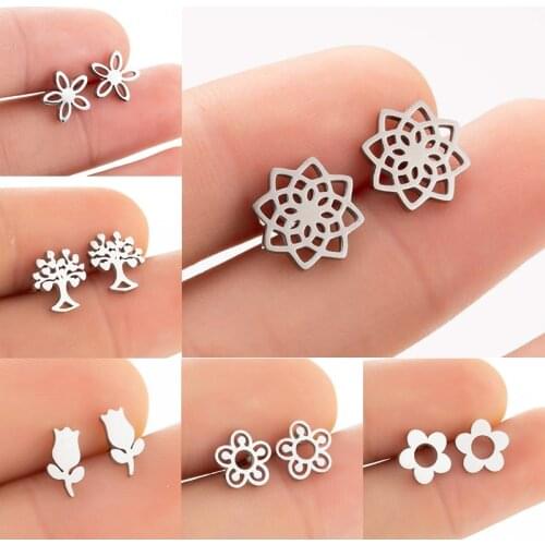 Tiny Stainless Steel Flower Stud Earring For Women Girls Fashion Jewelry Snowflake Lotus Lilly Daisy Flower Earrings Pendientes