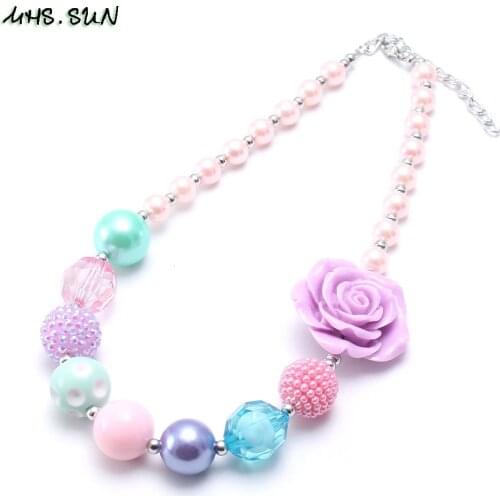MHS.SUN Cute Purple Flower Girls Baby Beads Necklace Chunky Bubblegum Necklace Child Kids Beaded Jewelry For Party Gifts