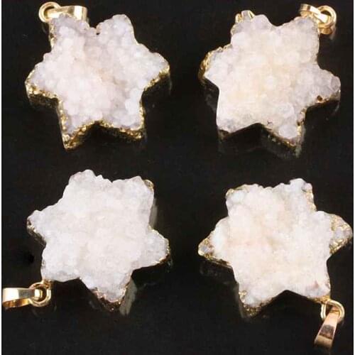 SUNYIK White Druzy Drusy Geode Stone Star Quartz Random Charms Pendant Necklace For Wedding Jewelry Gifts(Free Chain)