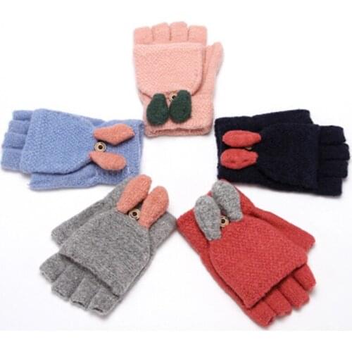 Knitted half finger clamshell ladies autumn and winter outdoor wool plus velvet warm cute student winter gloves E48