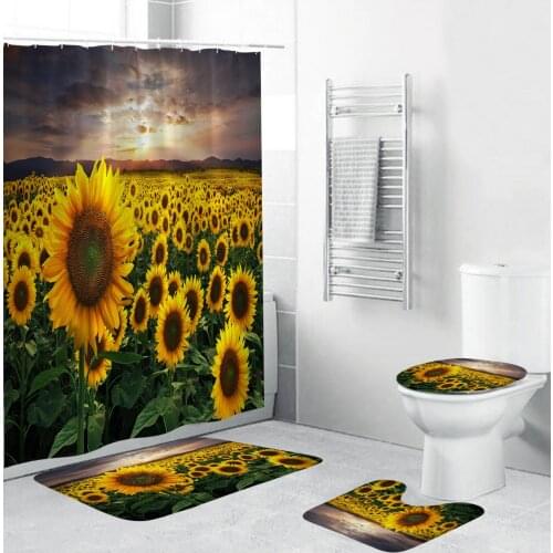 3D Sunflower Pattern Fabric Shower Curtains Sea of Flowers Bathroom Anti-skid Rugs Toilet Lid Cover Bath Mat Home Decor