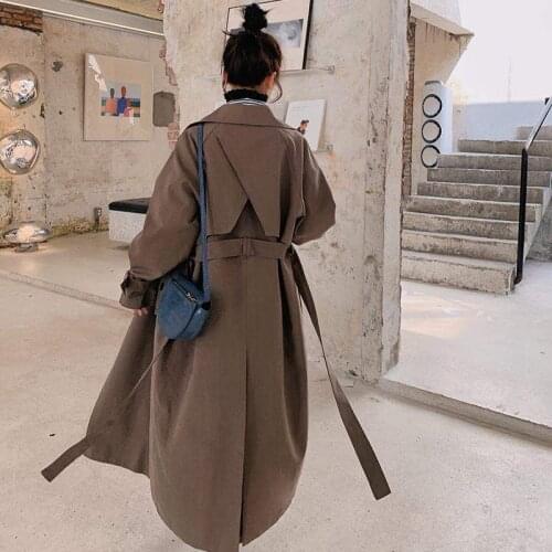 2021 Autumn Fashion Deep Coffee Windbreaker Loose Double Breasted Long Trench Coat Female With Belt Woman Clothes