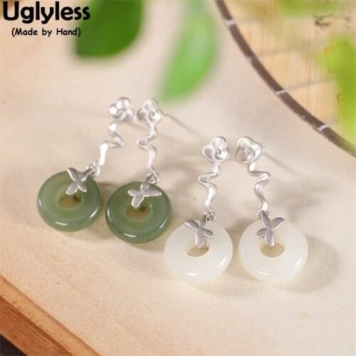 Uglyless Natural Jade Peace Buttons Earrings for Women Real 925 Silver Lucky Clouds Butterflies Insects Earrings Ethnic Brincos