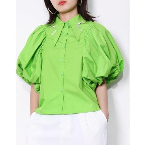 Korean Diamond Lapel Top Shirt Puff Short Sleeve Patchwork Straight Slim Fashion Shirt Summer 2021