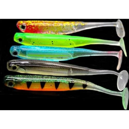 WALK FISH 5PCS/Lot fishing soft bait 70mm 90mm 2g 5g T tail fish fishing lure Rainbow color Sequin swing winter Ice spinner bait