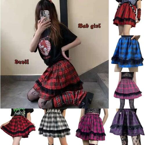 Lady Plaid Mini Pleated Skirts Lace Gothic Korean Fashion Lolita Y2k Girl Skirt Japanese Sexy Midi Summer Cool Sweet Clothes