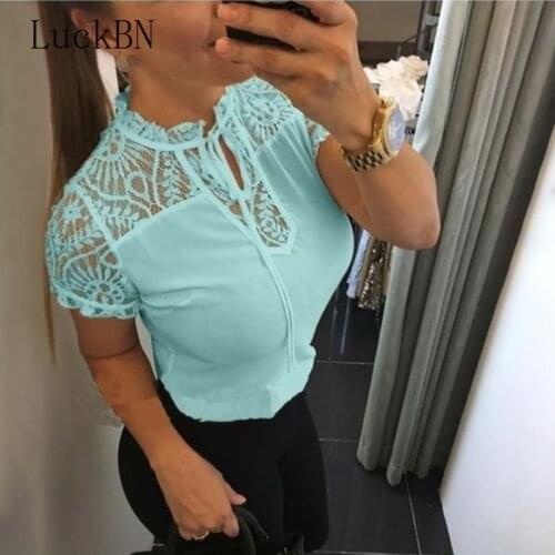 5XL Large Size Blouse Womens Solid Short Sleeve Sexy Sheer Mesh Lace Blouse Top Chemise Femme Blouse Shirts Bluzki Damskie