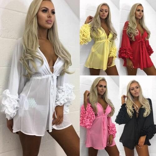 Swimwear Women Ladies Bikini Cover Up 2019 Summer Beach Solid Swimsuit Cover Ups Short Dress Bathing Suit Kaftan Robe