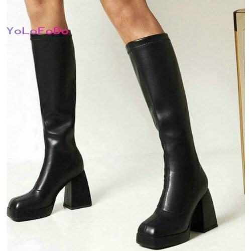 Black White Women Knee High Boots PU Leather Platform Thick High Heel Ladies Calf Boots Fashion Square Toe Side Zipper Boots