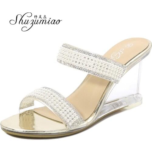 HOT Crystal Women Slippers Pearl 2020 Summer Open Toe Fashion Wild Transparent High Heel 8CM Wedges Shoes Clear Ladies Slippers