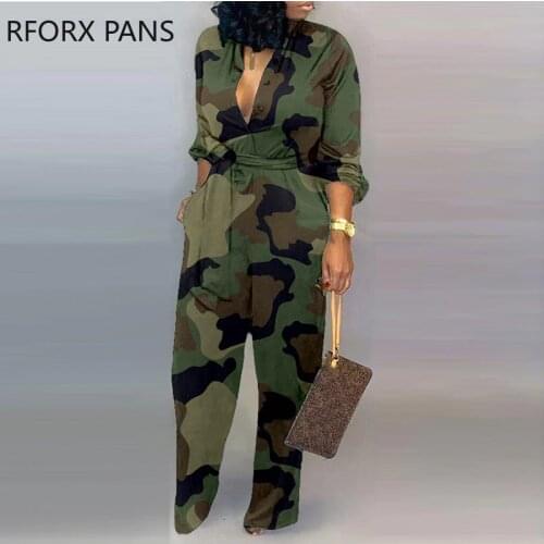 V Neck Camouflage Print Buttoned Jumpsuit Women Jumpsuit