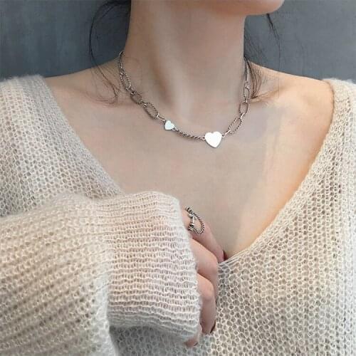 925 Sterling Silver Love Heart Pendant Thai Silver Necklace Punk Sweater Chain Necklace For Women Vintage Jewelry