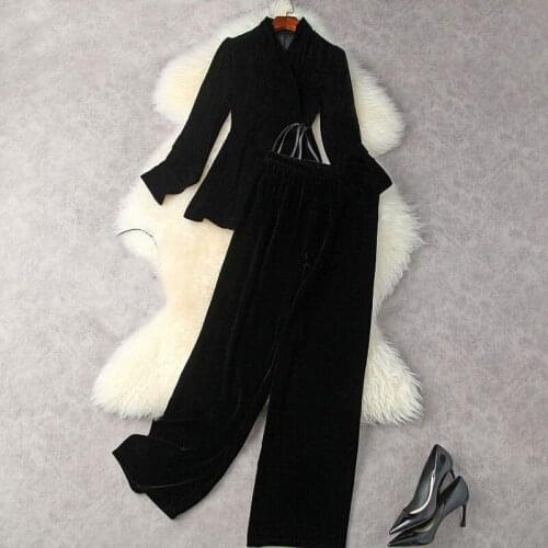 2021 Autumn New Velvet suit Fashion Design Women Black Classic Blazer+Elastic Waist Pants Offices Lady Suit