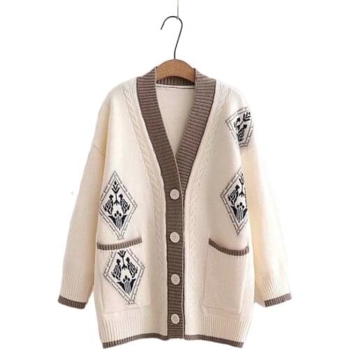 Cartoon Jacquard Knit Women Harakuju Cardigan 2021 Winter Full Sleeve V-neck Warm Coat Korean Fashion Female Jumpers Soft Tops