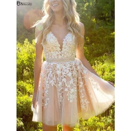 Champagne V Neck Lace Beaded Prom Gown Short Mini Summer Graduation Homecoming Dresses 2020 A-Line Blue Cocktail Party Dress