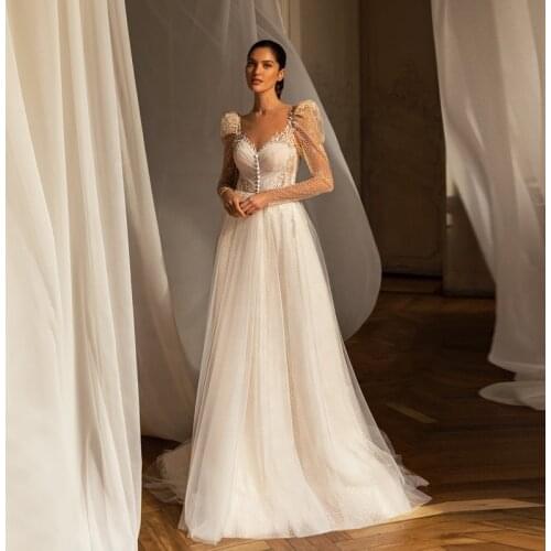 2021 Women Long Puffy Sleeves Dotted Tulle A Line Pleatings Wedding Dress