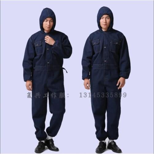 M-4xl Large Size Denim Overalls One-piece Hooded Repairman Clothing Welding Work Clothes Onesies Mens Dust-proof Clothing