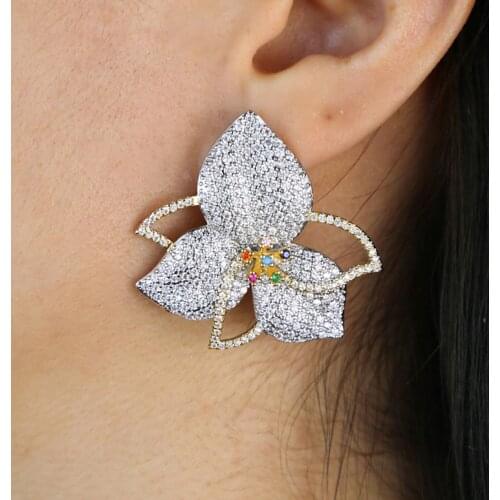 Elegant Leaf Flowers rainbow Multicolor Cubic Zirconia Pave Women Engagement Night Out Party Anniversary Dress Up spring Earring