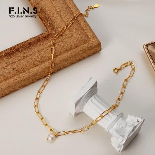 F.I.N.S Simple Handmade Freshwater S925 Sterling Silver Necklace Pendant Female Short Clavicle Chain Link Necklace Fine Jewelry