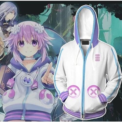 Game Hyperdimension Neptunia Hoodie 3D Printed Zip Up Sweatshirt Neptune Purple Heart Cosplay Outwear Clothes Unisex Jacket