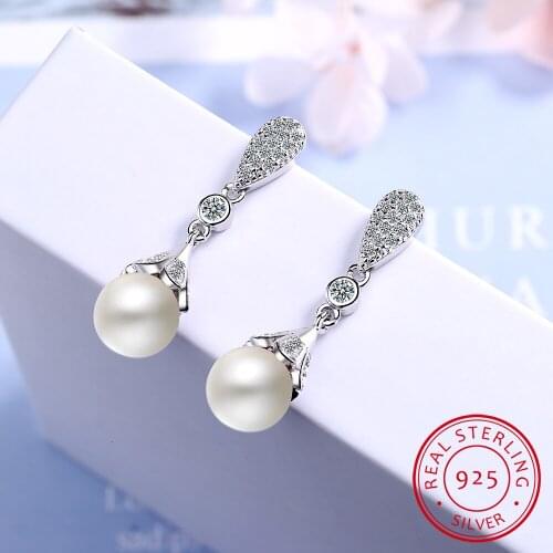 Classic 925 Silver drop Earrings for Woman with 10mm round shape pearl Earrings silver jewelry wedding party Gift