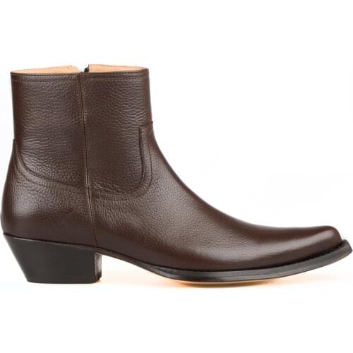 FootCourt- Brown Classic Western Cowboy Boots For Men Zipper Pointed Toe Top Cut Boots Increased Height Leather Soles Handcraft