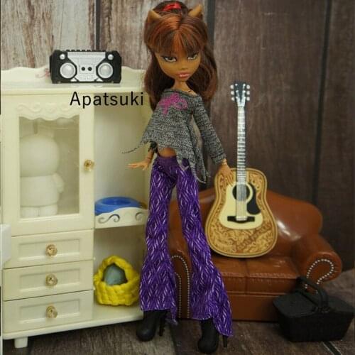 Fashion Doll Clothes For Monster High Accessories 1/6 Kid Toys Grey Crop Top Shirt Purple Pants Trousers for Bratz Doll Outfits