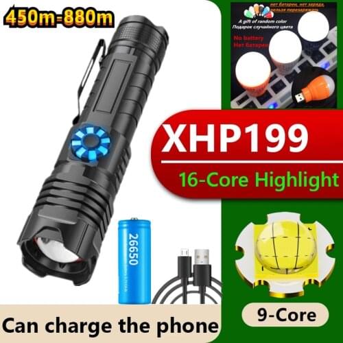XHP199 Powerful LED Flashlight USB Recharged Zoom Torch IPX-65 Waterproof 100000lm Tactical Flash Lamp Lantern By 26650/18650