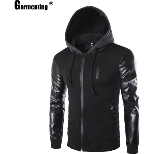 Garmenting Mens Hoodie Jackets Trend 2020 Autumn New Patchwork Zipper Hooded Black Faux Leather Sleeve Outerwear Male Clothes