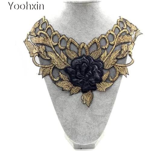 NEW flower gold leather embroidery DIY lace collar Fabric Sewing ribbon trim Applique neckline craft cloth dress Wedding textile