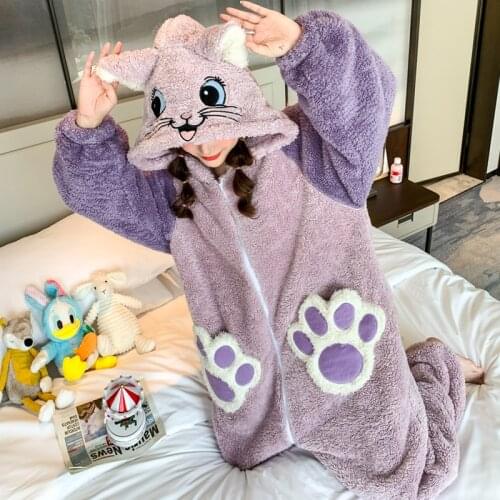 Richkeda Store New 2021 Women Sleepwear Plush Winter Pajamas Fashion Home Wear Cartoon Hooded Coral Velvet Nightgown