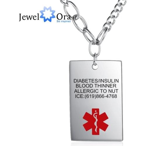Personalized Engraving Emergency Medical Alert ID Necklace Customized Rectangle Stainless Steel Pendants for Men & Women Jewelry