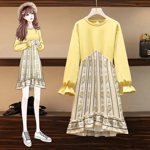 Trumpet sleeve fake two-piece dress female plus size 2021 spring and autumn new fashion French loose casual pullover mini dress