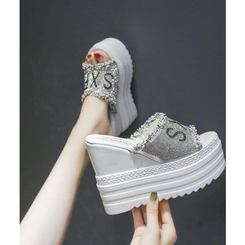 Crystals slippers Wedges High Heels Leisure Summer Sandal Woman Shoes Women Platform Mules Slippers 13cm white black