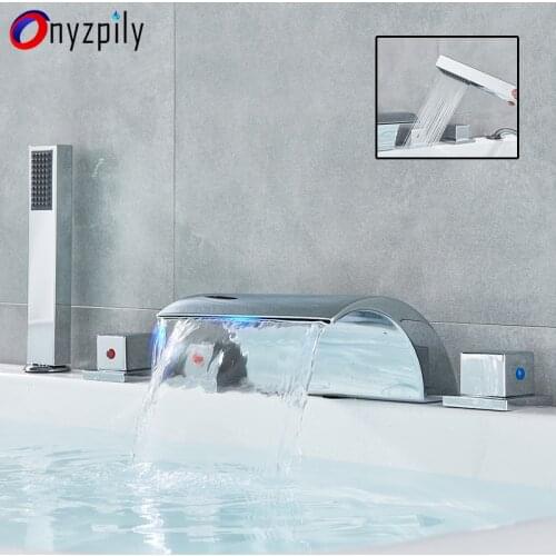 Onyzpily LED Waterfall Bathtub Shower Faucet Widespread Tub Sink Faucet Three Handles Hot Cold Water Mixer Shower Faucet Bath Ta