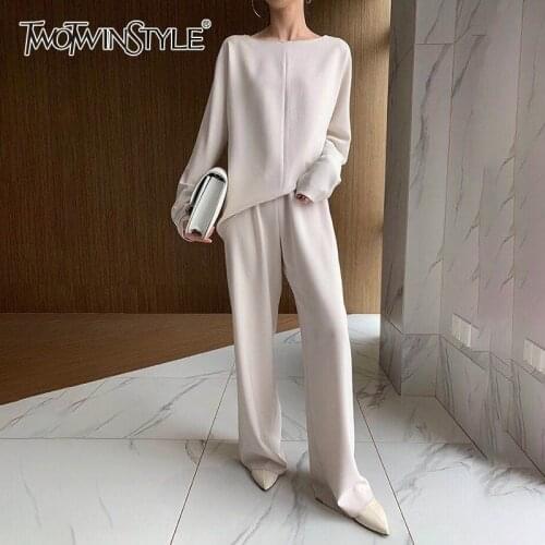 TWOTWINSTYLE Solid Casual Women Two Piece Set O Neck Long Sleeve High Waist Wide Leg Pants Female Suits 2020 Fashion Autumn New