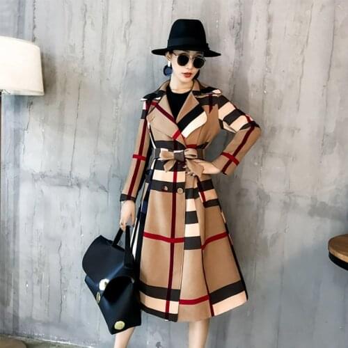 Thickened autumn and winter new womens lapels in the long simple color matching retro plaid coat temperament windbreaker