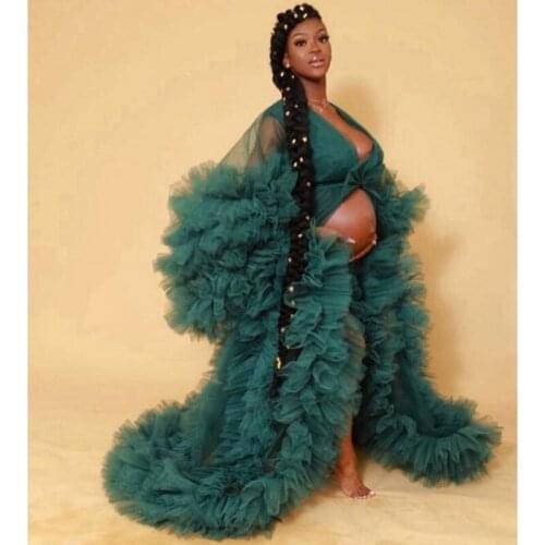 Maternity Shoot Tiered Evening Dresses Puffy Hunter Green vestido de fiesta Maternity Evening Dresses Ruffles