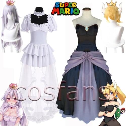 2020 Boosette Cosplay Costume Bowsette Cosplay Princess Koopa White Costume Women Long Dress Ball Gown Retro Medieval Dress