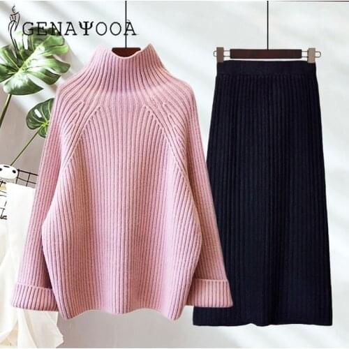 Genayooa Elegant Pullover Turtleneck Skirt Set Woman Two Piece Set Cashmere 2 Piece Sets Womens Outfits 2020 Winter Women Set