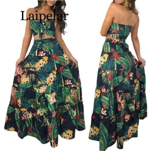 Women print ruffles crop top women tops long skirt 2 piece set for female women summer beach two pieces sets skirts women sets