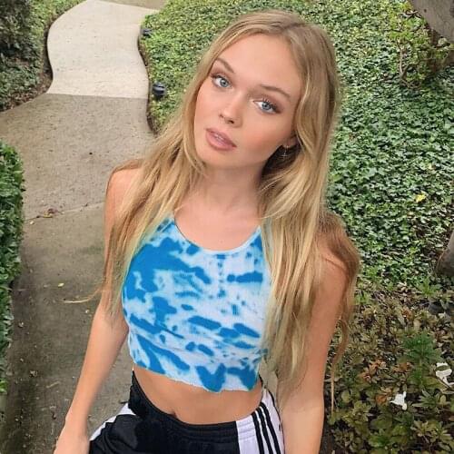 Women Crop Top Ladies Solid Summer Casual U Neck Tie Dye Print Slim Fashion Sleeveless Tank Tops Female Streetwear S-L