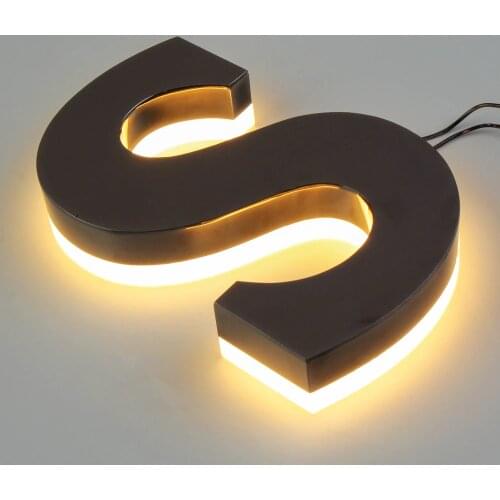 Stainless steel reverse-lit signs with acrylic backside for store mall shop warm light