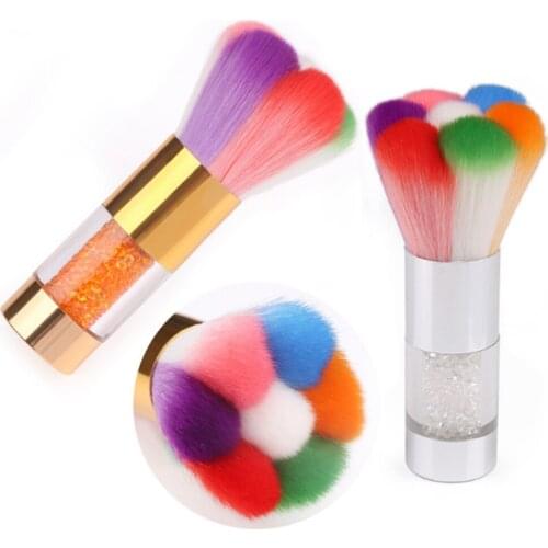 High Quality Soft Hair Nail Dust Brush Rainbow Colors Clean Manicure Tools Gold and Silver Crystal Handle 1pc
