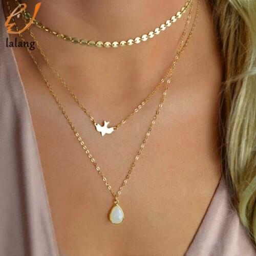 2020 New Peace Dove Soar Flying Layers Crystal Sequins Chain pigeon bird Water Drop Pendant Multilayer Necklace