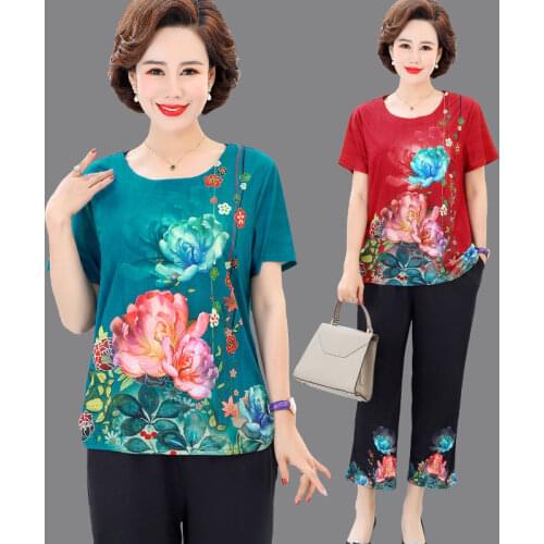 Elegant Womens Sets Summer Clothing Middle-aged Lady Suits Retro Fashion Print T-shirt Casual Pants 2 Piece Sets Plus Size L454
